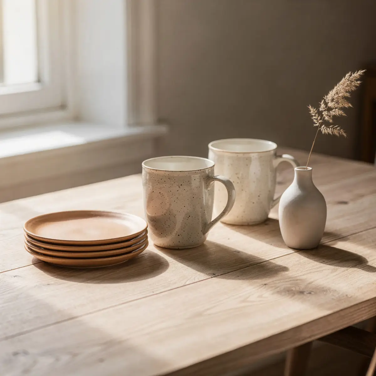 Handmade stoneware mugs, plates and a bud vase on an oak table